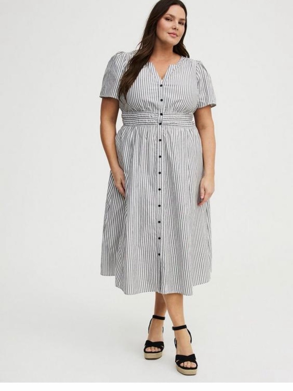 Striped Button-Front Midi Dress in White and charcoal.